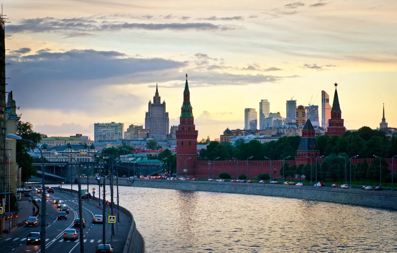 Photo wallpaper road, river, Moscow, channel, car, promenade, Moscow, The Kremlin