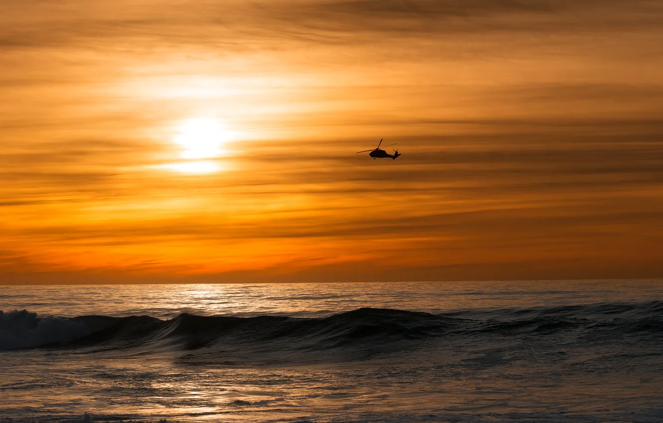 Photo wallpaper sea, the sky, night, helicopter