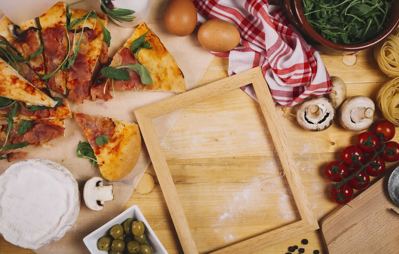 Photo wallpaper mushrooms, eggs, frame, Italy, pizza, tomatoes, napkin, flour