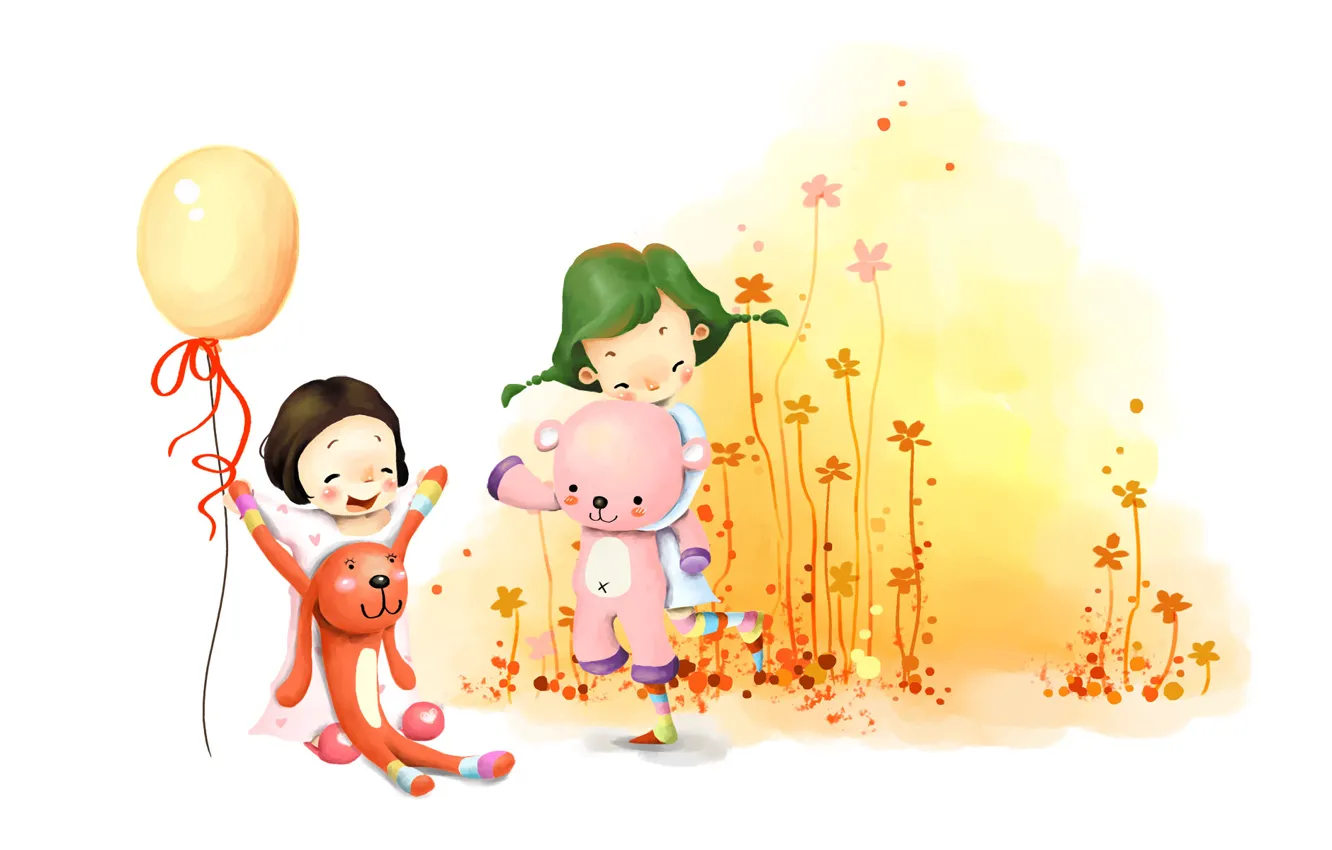 Photo wallpaper flowers, children, girls, toys, figure, laughter, fun, a balloon