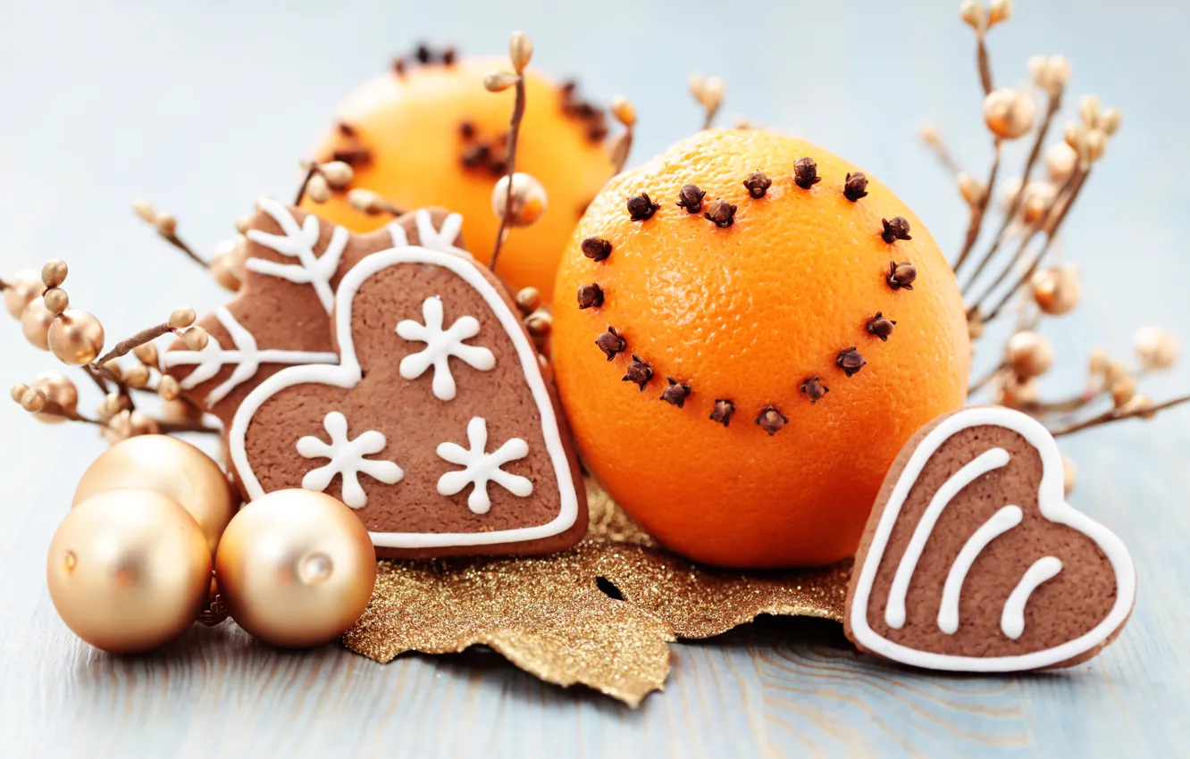 Photo wallpaper balls, balls, food, oranges, New Year, cookies, Christmas, Christmas