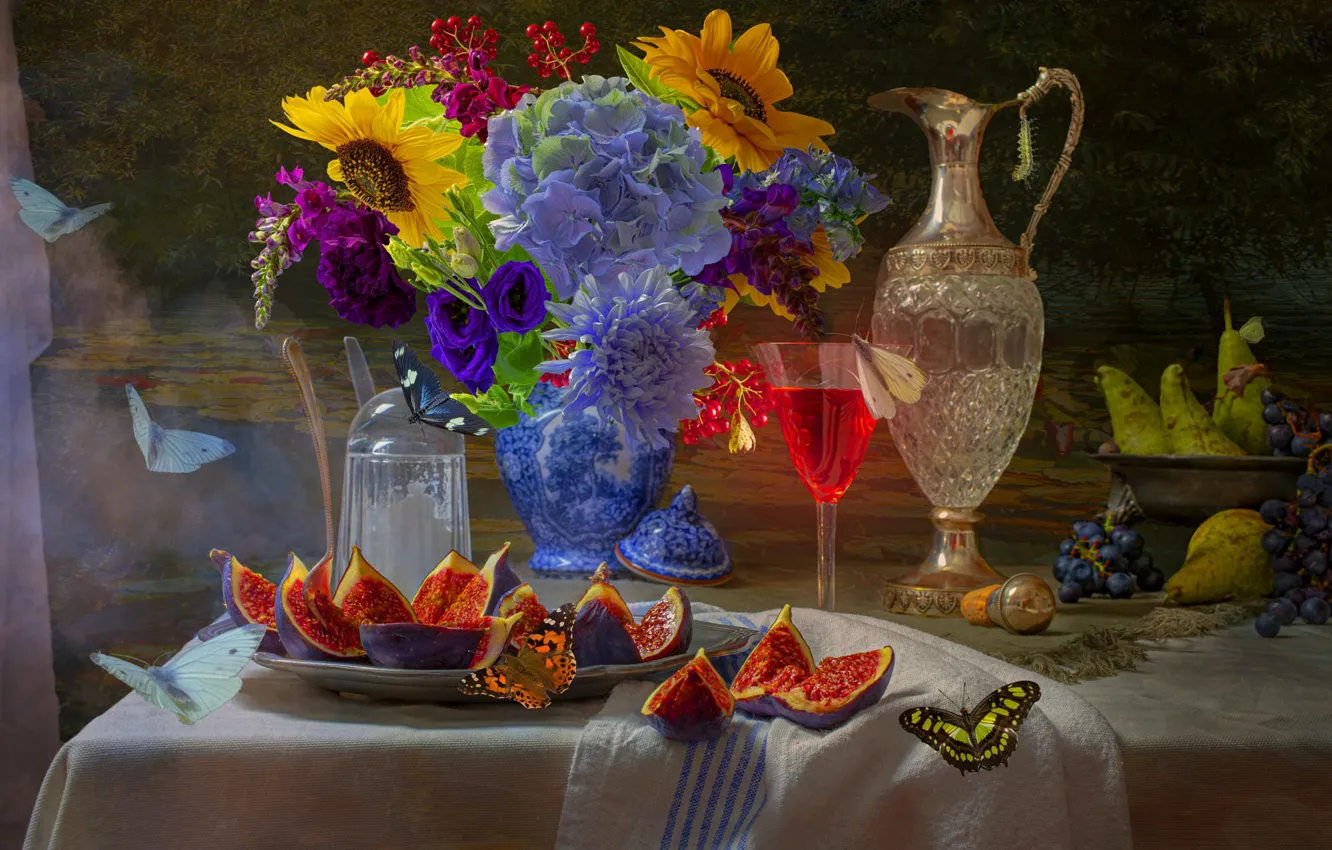 Photo wallpaper flowers, bouquet, still life, figs