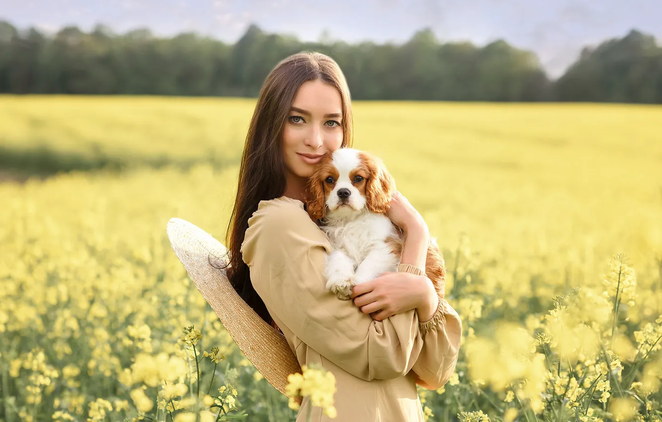 Photo wallpaper field, summer, look, girl, nature, pose, smile, dog