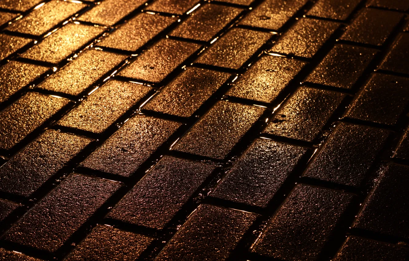 Photo wallpaper road, drops, light, rain, stone, tile, pavers