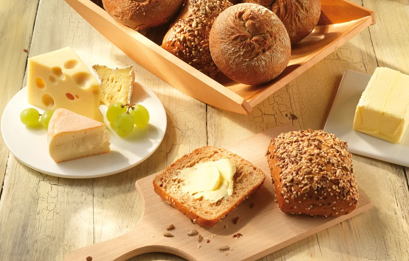 Photo wallpaper oil, food, cheese, bread, grapes, Board, seeds, sesame
