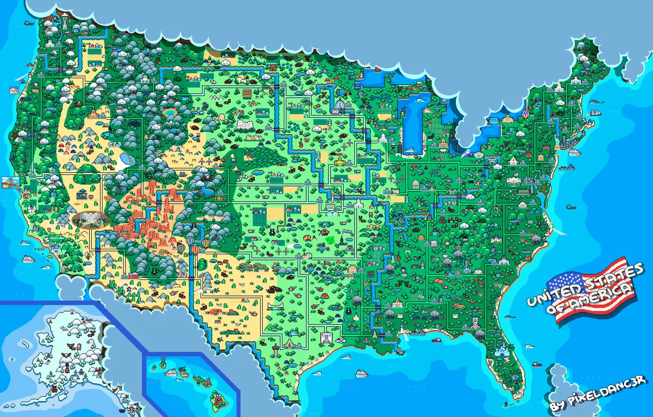 Photo wallpaper Map, Style, USA, USA, United States, Pixels, 8bit, Pixel