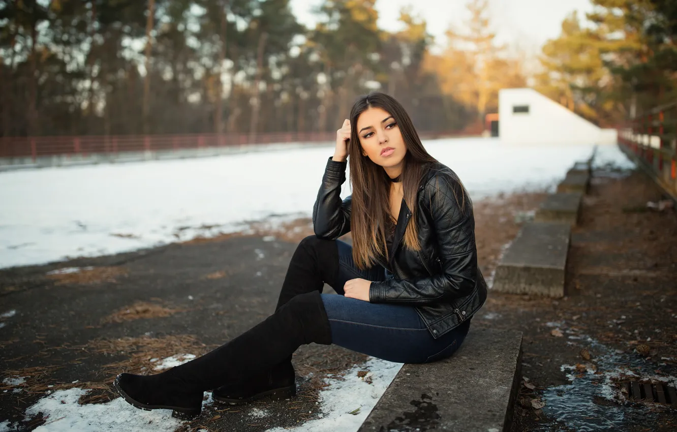 Photo wallpaper girl, jeans, boots, brunette, jacket, sitting