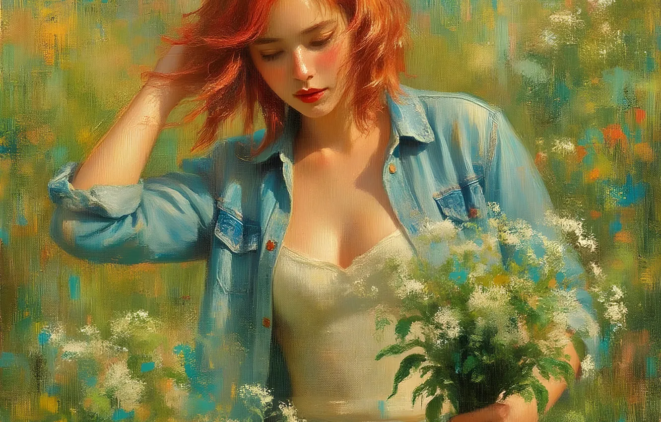 Photo wallpaper field, chest, summer, girl, light, flowers, pose, bouquet