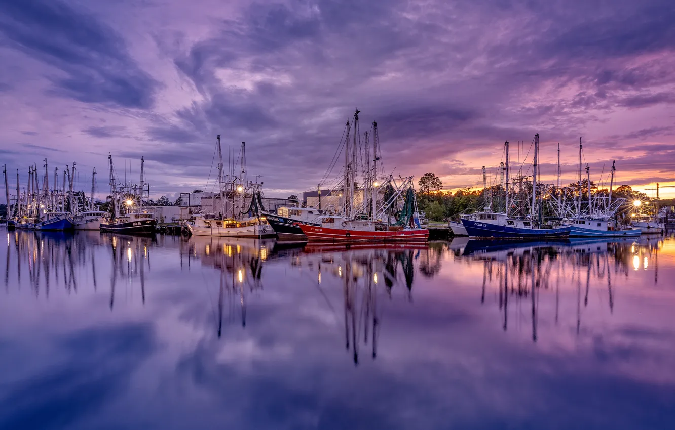 Photo wallpaper reflection, boats, the evening, pond, lilac