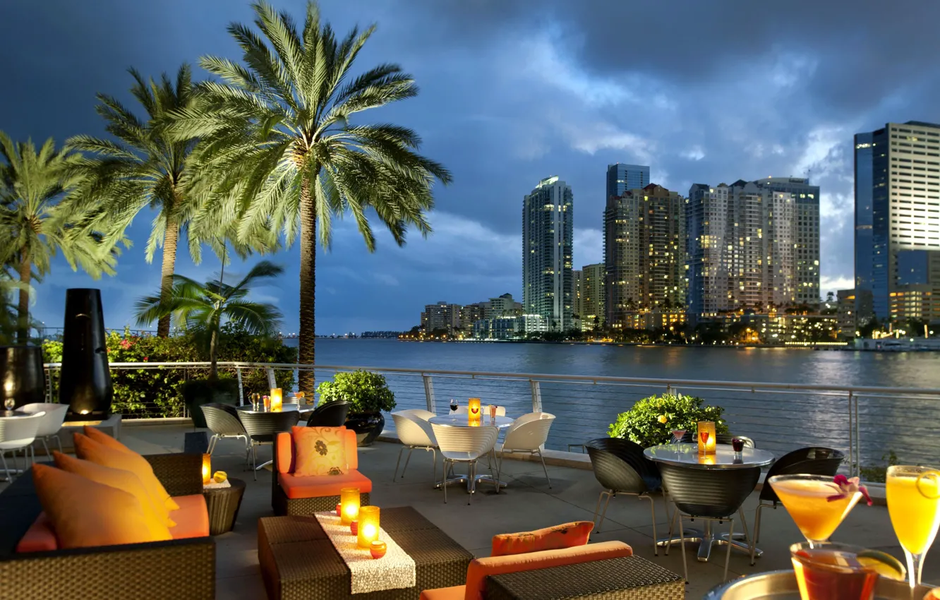 Photo wallpaper the city, palm trees, the ocean, Bay, cafe, USA, Miami, tables