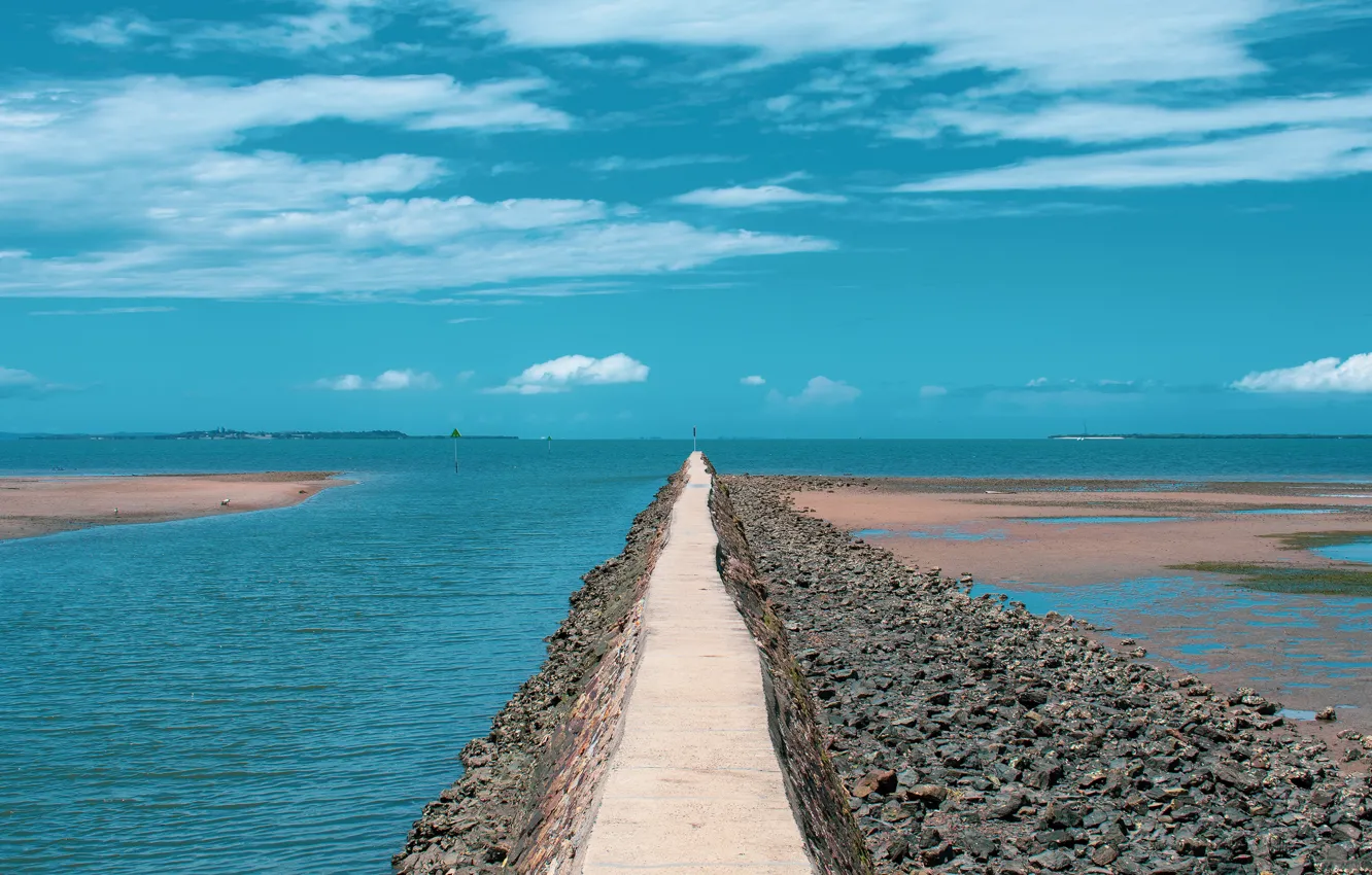Photo wallpaper sea, beach, the sky, clouds, stones, blue, shore, coast