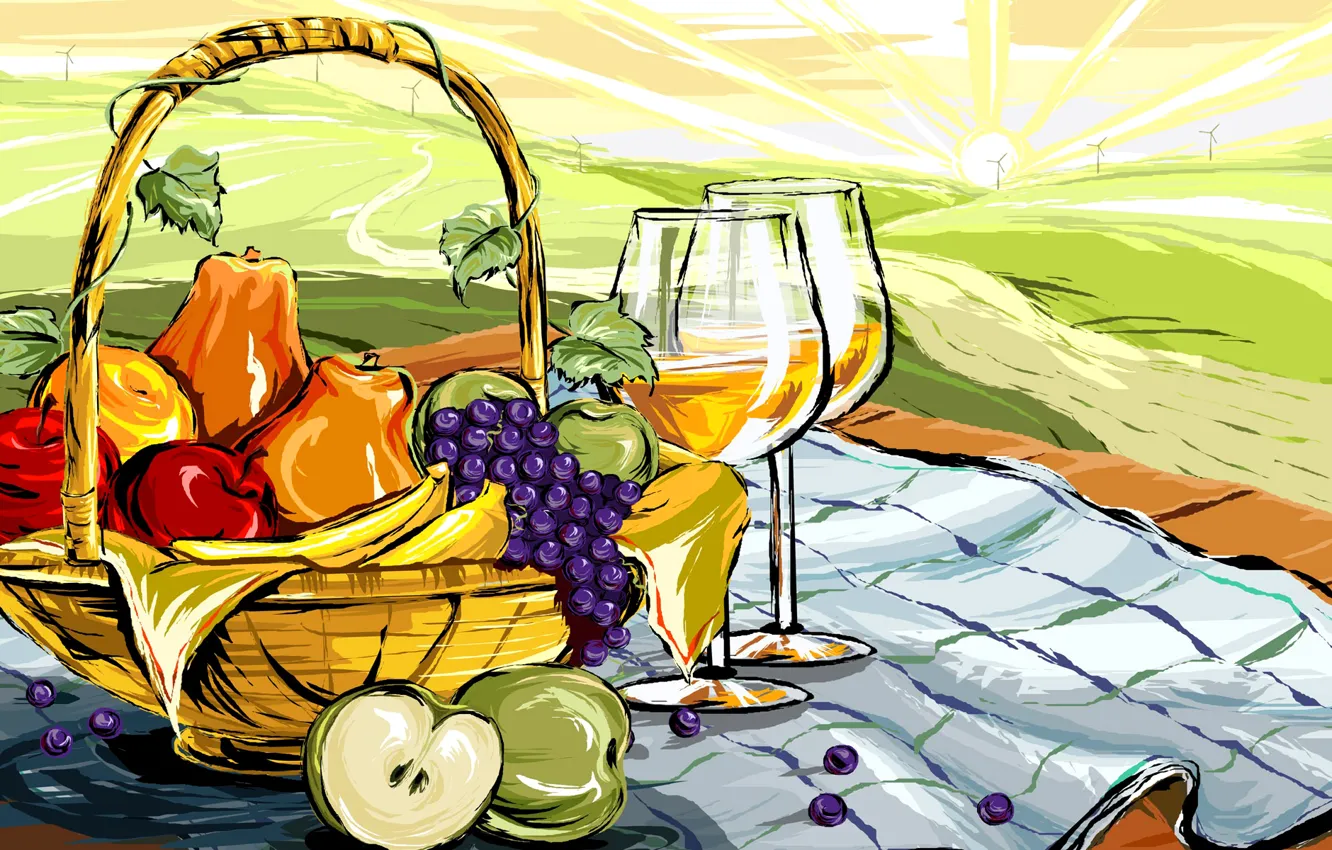 Photo wallpaper landscape, wine, apples, figure, glass, food, vector, grapes
