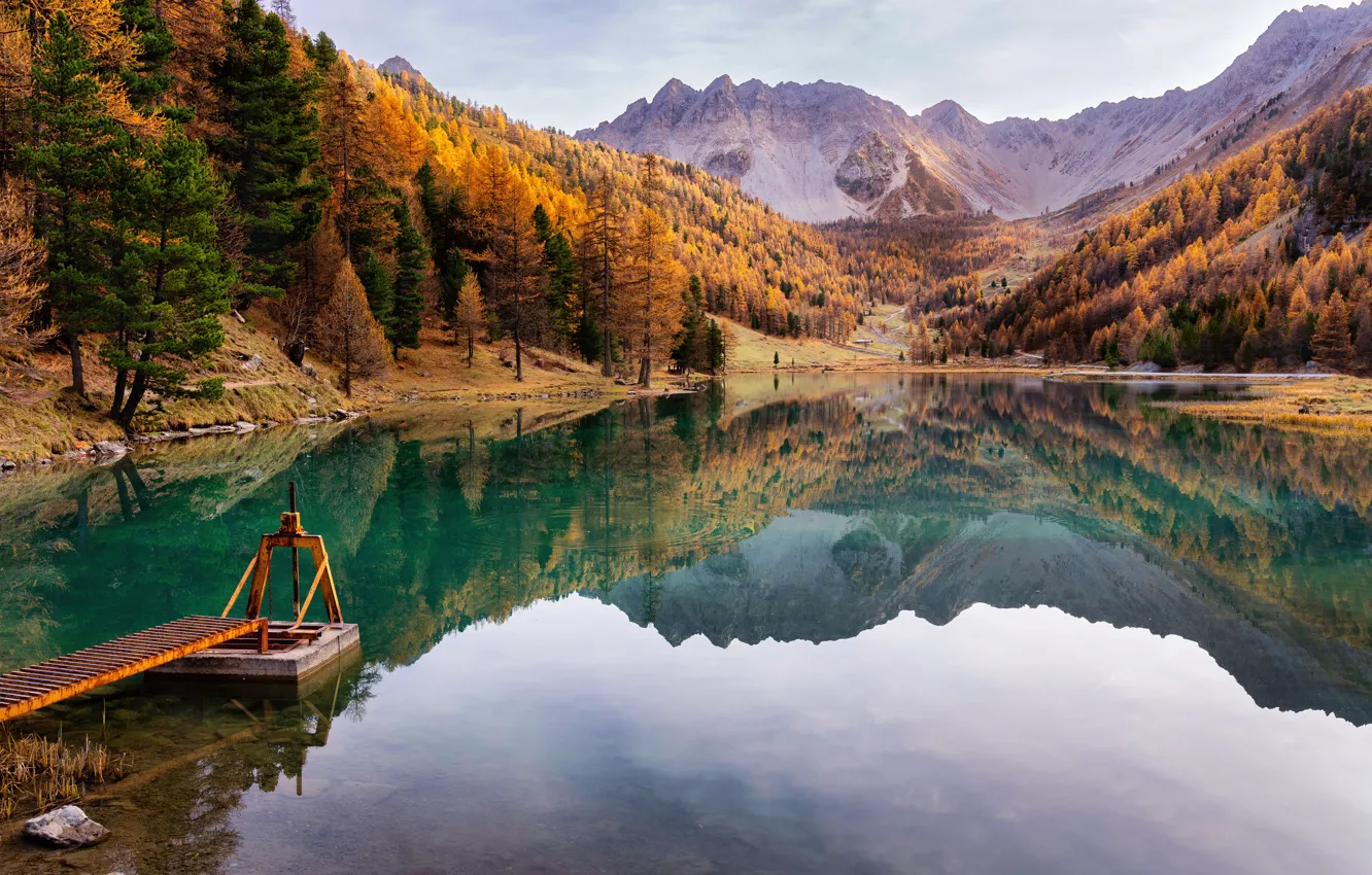 Photo wallpaper nature, France, scenery, fall, outdoor, Autumn background, Orceyrette Lake, Wooden pier