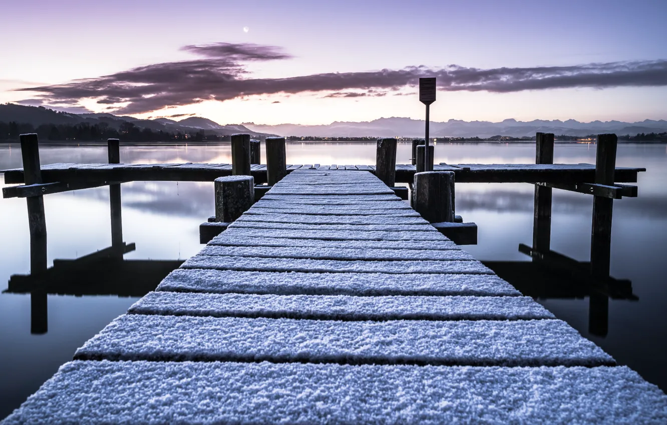 Photo wallpaper lake, bridge, winter