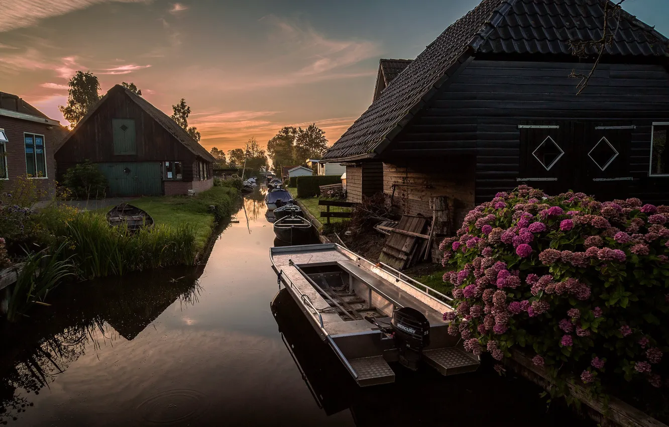 Photo wallpaper home, boat, flowers, reflection, shore, channel, hydrangea, the evening
