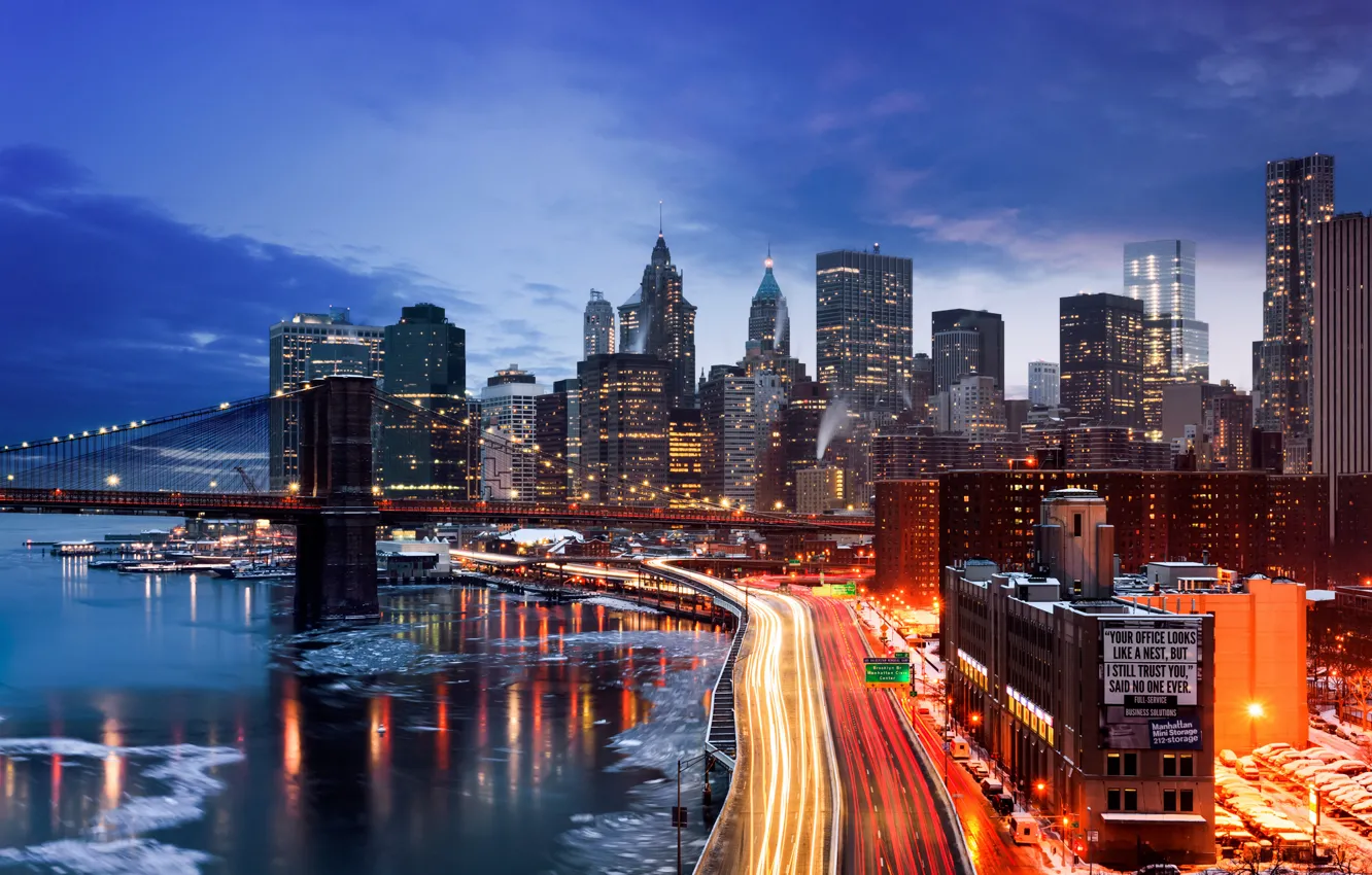 Photo wallpaper winter, the city, lights, New York, the evening, USA, Manhattan