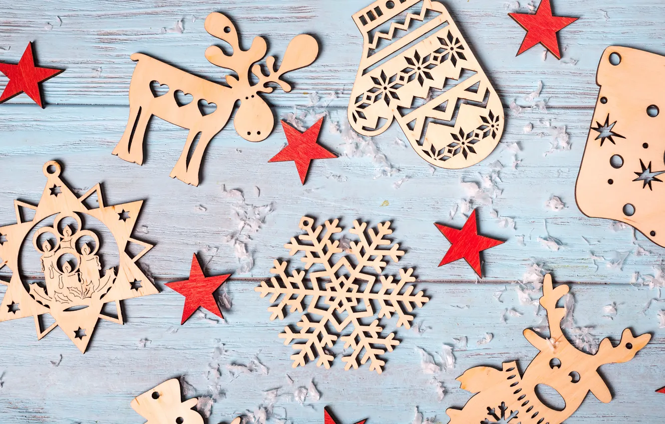 Photo wallpaper winter, decoration, snowflakes, tree, New Year, Christmas, Christmas, wood