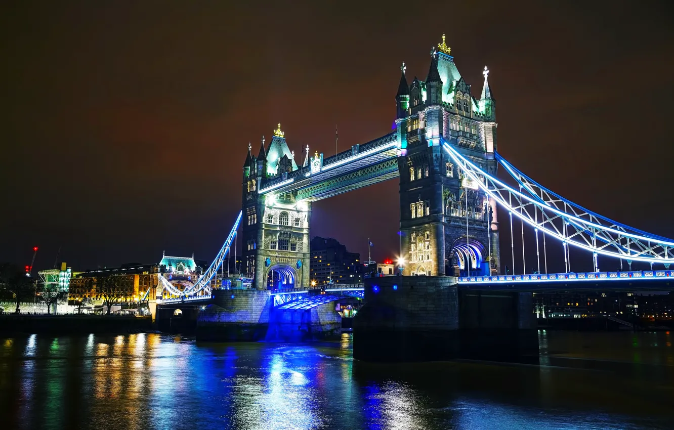 Photo wallpaper night, bridge, lights, river, England, London, Thames, Tower Bridge