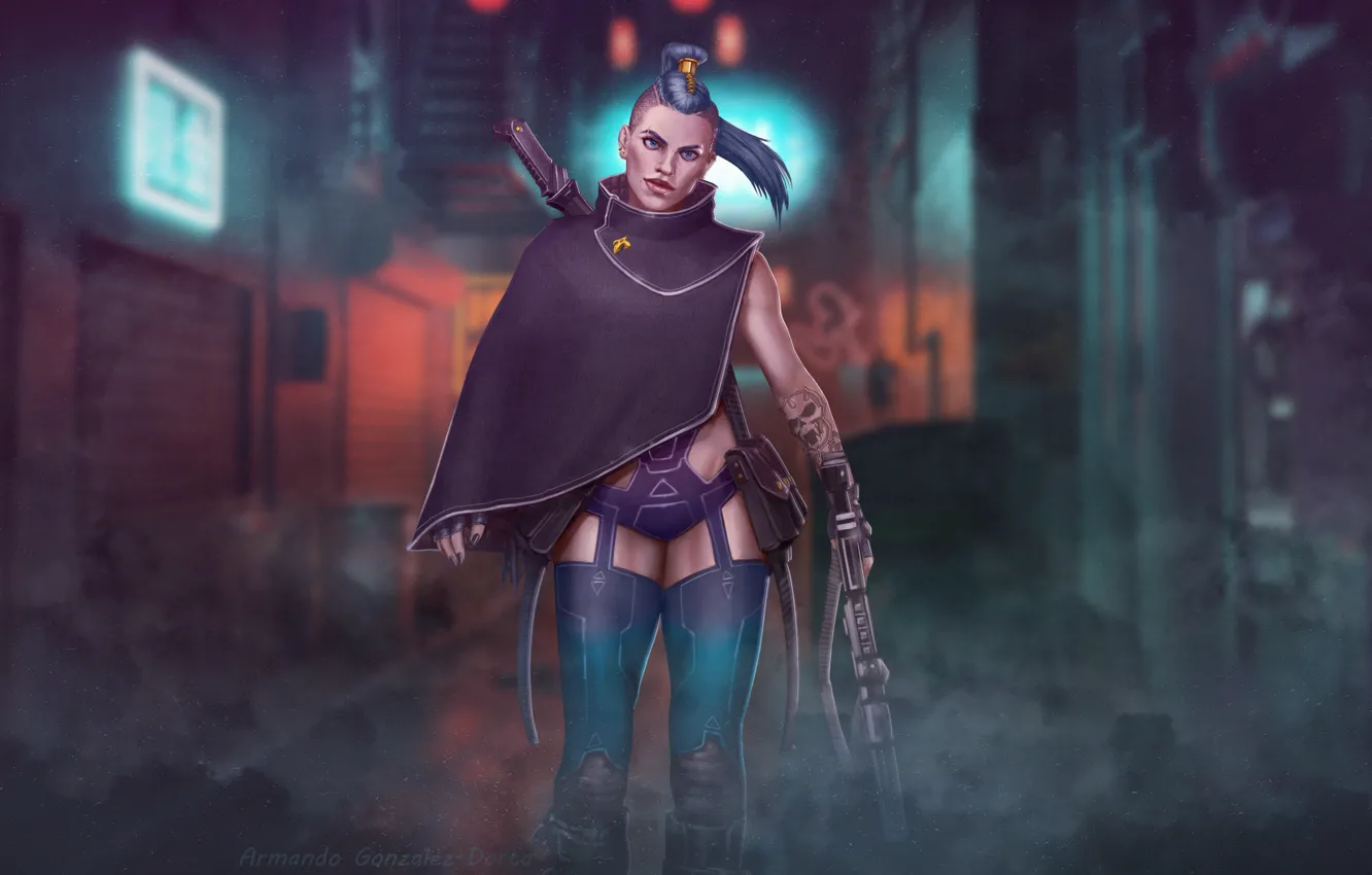 Photo wallpaper girl, night, city, sexy, style, fiction, art, machine