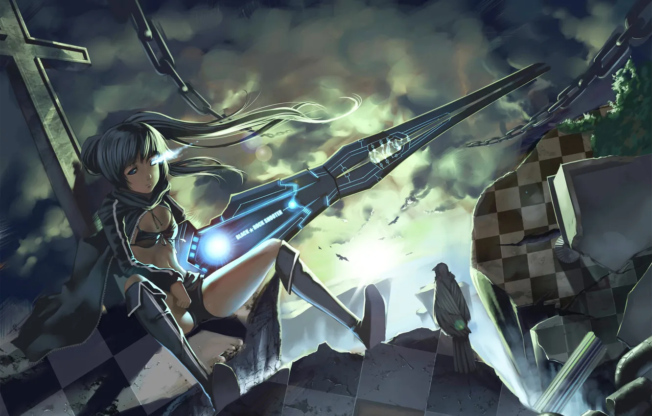 Photo wallpaper sadness, look, girl, weapons, bird, cross, chain, black rock shooter