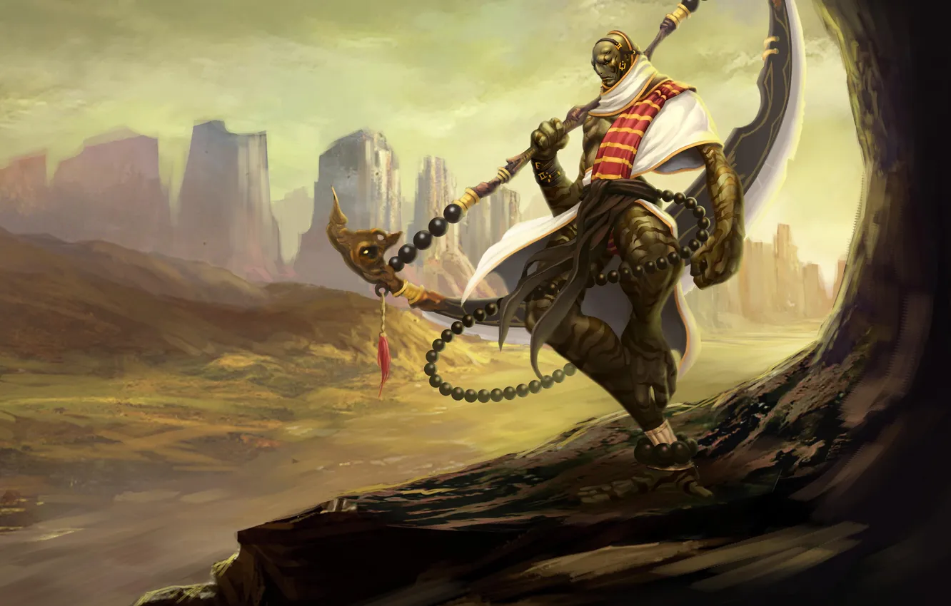 Photo wallpaper weapons, rocks, being, warrior, art, braid