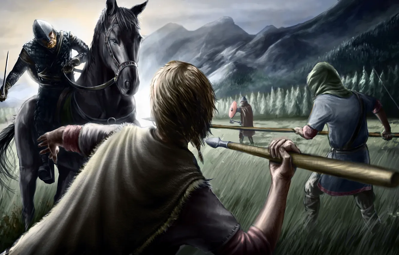 Photo wallpaper fiction, horse, armor, battle, art, rider, spears, enemies
