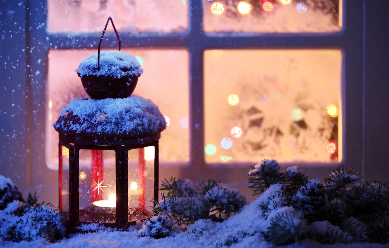 Photo wallpaper winter, snow, snowflakes, Windows, candle, window, lantern, New year