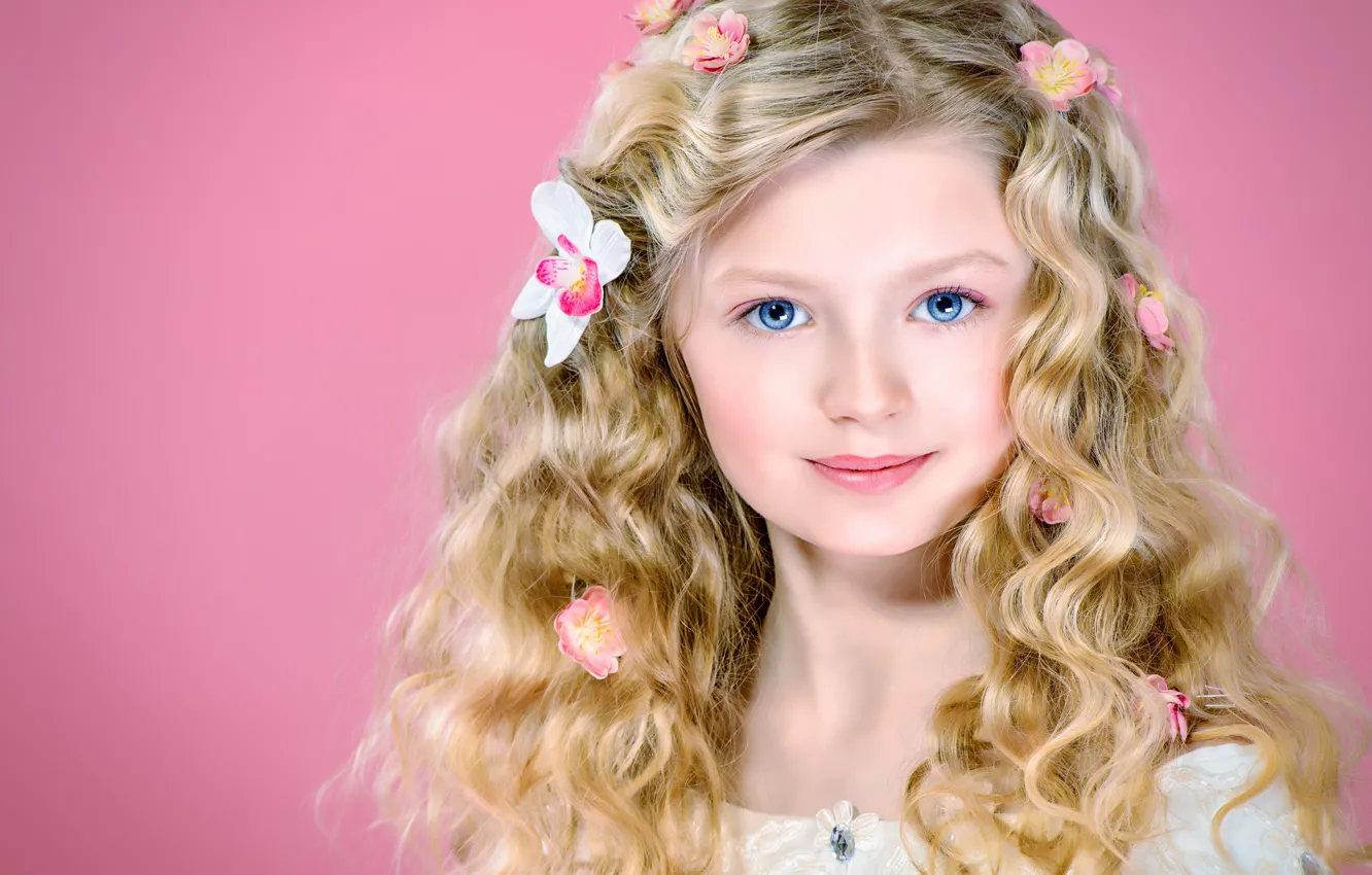 Photo wallpaper flowers, hair, portrait, girl, blue eyes, curls, curls