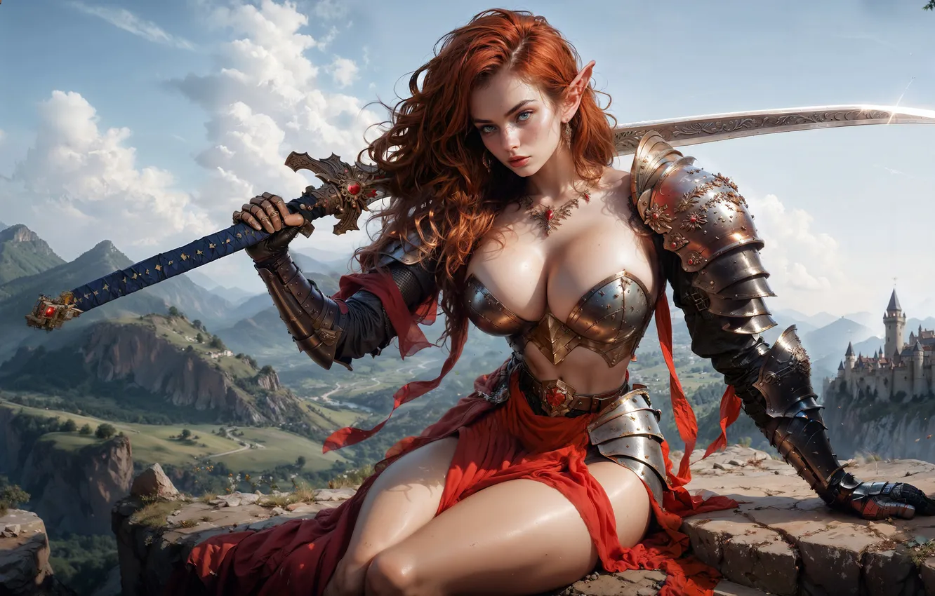 Photo wallpaper mountains, sword, armor, girl art