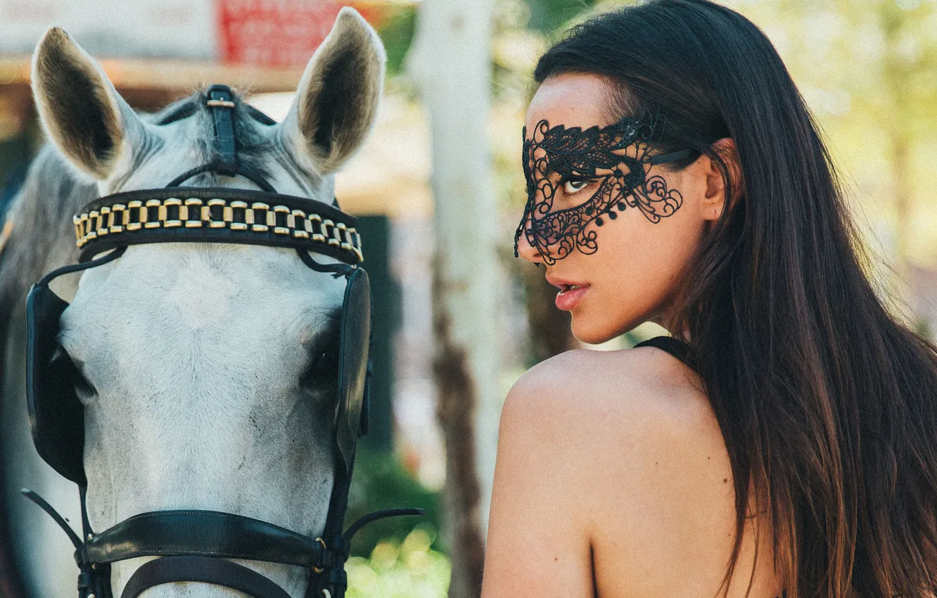 Photo wallpaper white, look, girl, horse, black, horse, curls, back