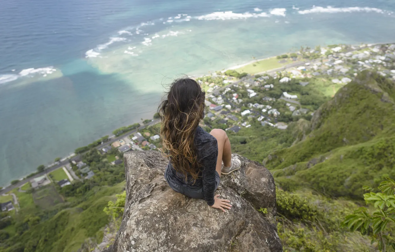 Photo wallpaper girl, landscape, face, open, hair, back, sitting