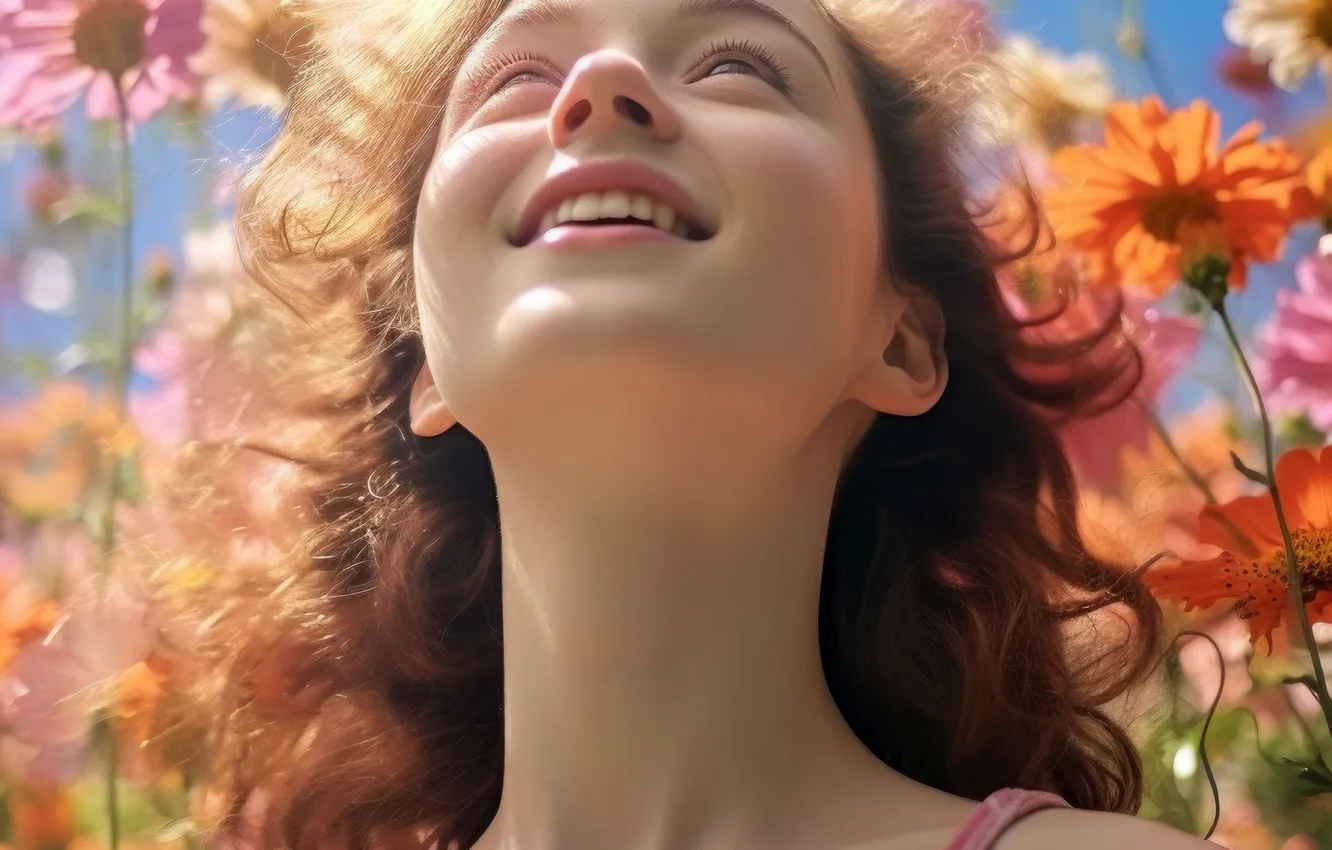 Photo wallpaper girl, flowers, face, smile, closeup, digital art, AI art, The Art of Artificial Intelligence