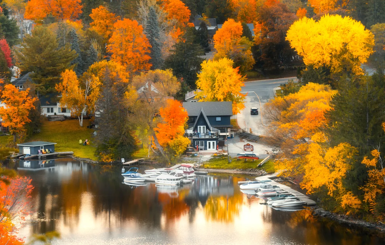 Photo wallpaper autumn, trees, lake, reflection, shore, boat, home, house
