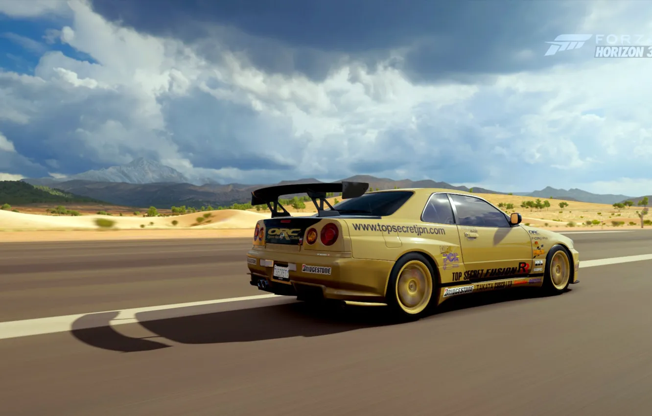 Photo wallpaper clouds, Nissan skyline, GTR R34, Forza Horizon 3, Top secret copy