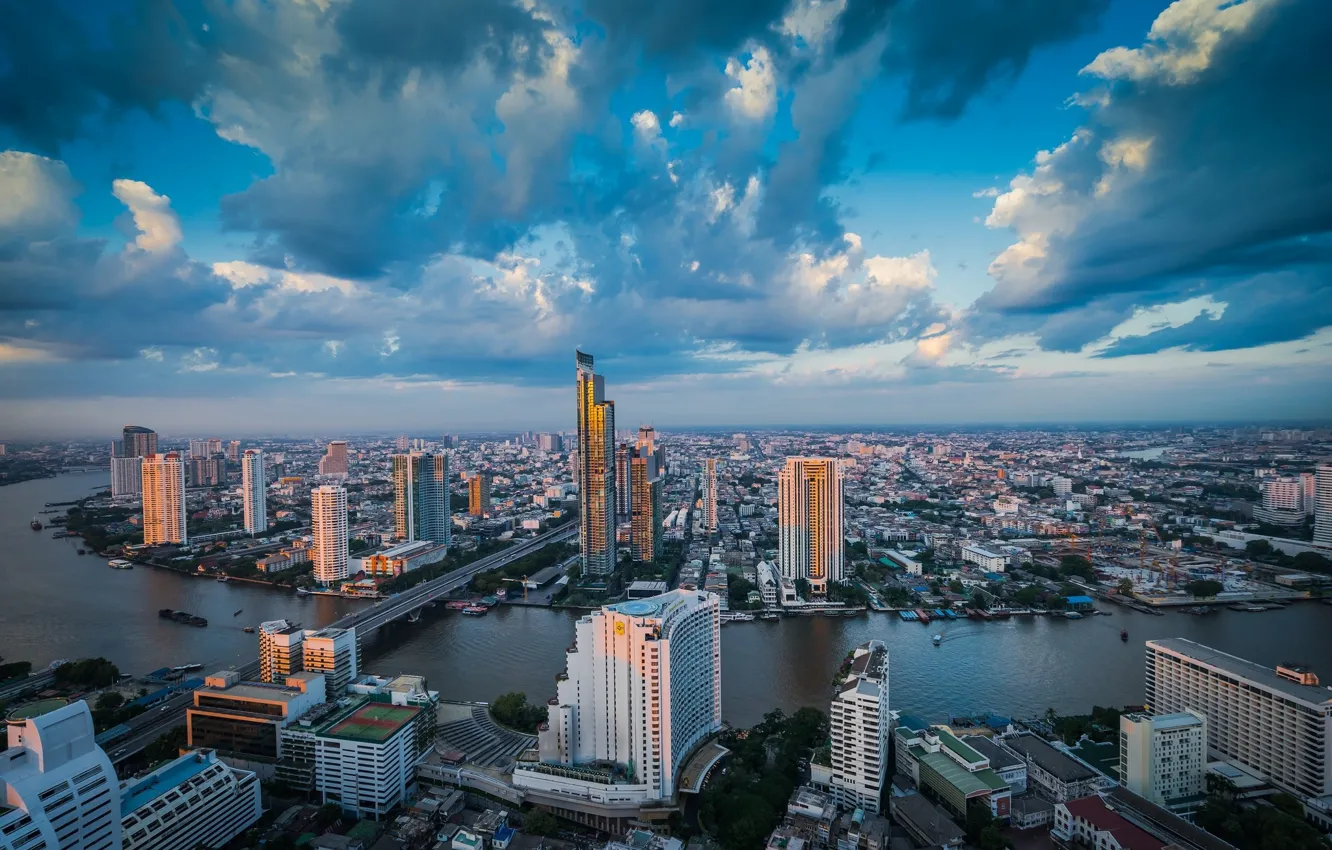 Photo wallpaper the sky, clouds, bridge, the city, river, building, panorama, Thailand