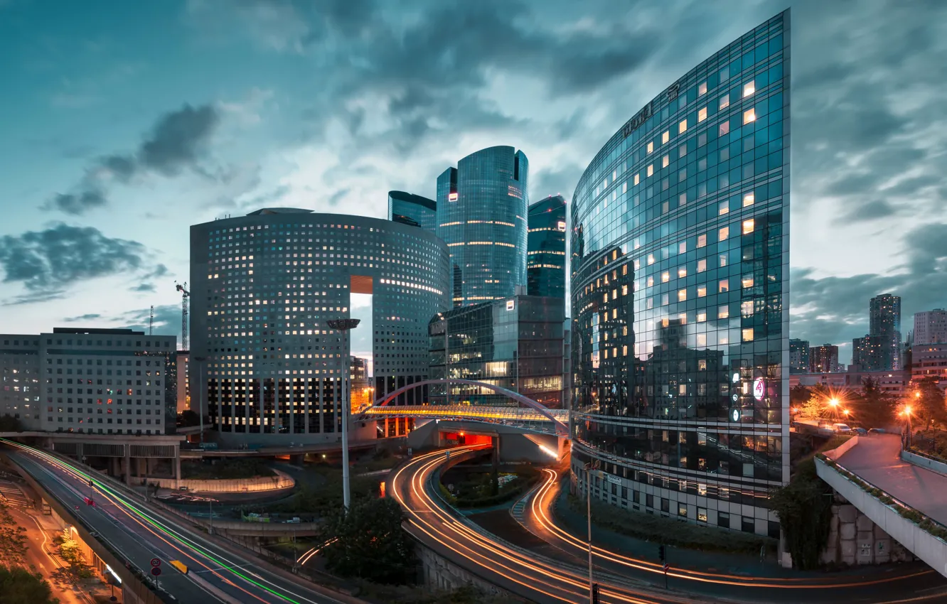 Photo wallpaper road, the sky, clouds, the city, lights, reflection, movement, France
