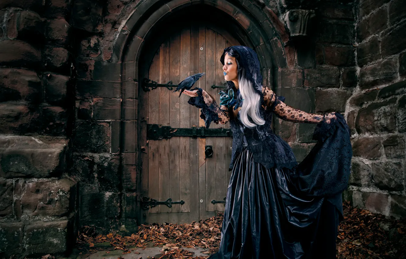 Photo wallpaper leaves, girl, castle, Gothic, bird, dress, in black