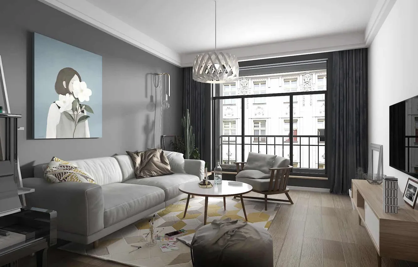 Photo wallpaper design, style, interior, living room, gray nordic living room