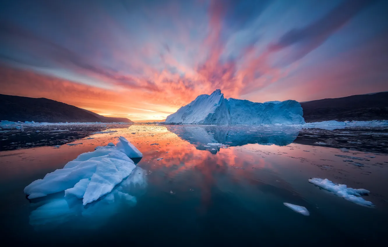 Photo wallpaper sea, sunrise, dawn, iceberg, ice, the fjord, Greenland