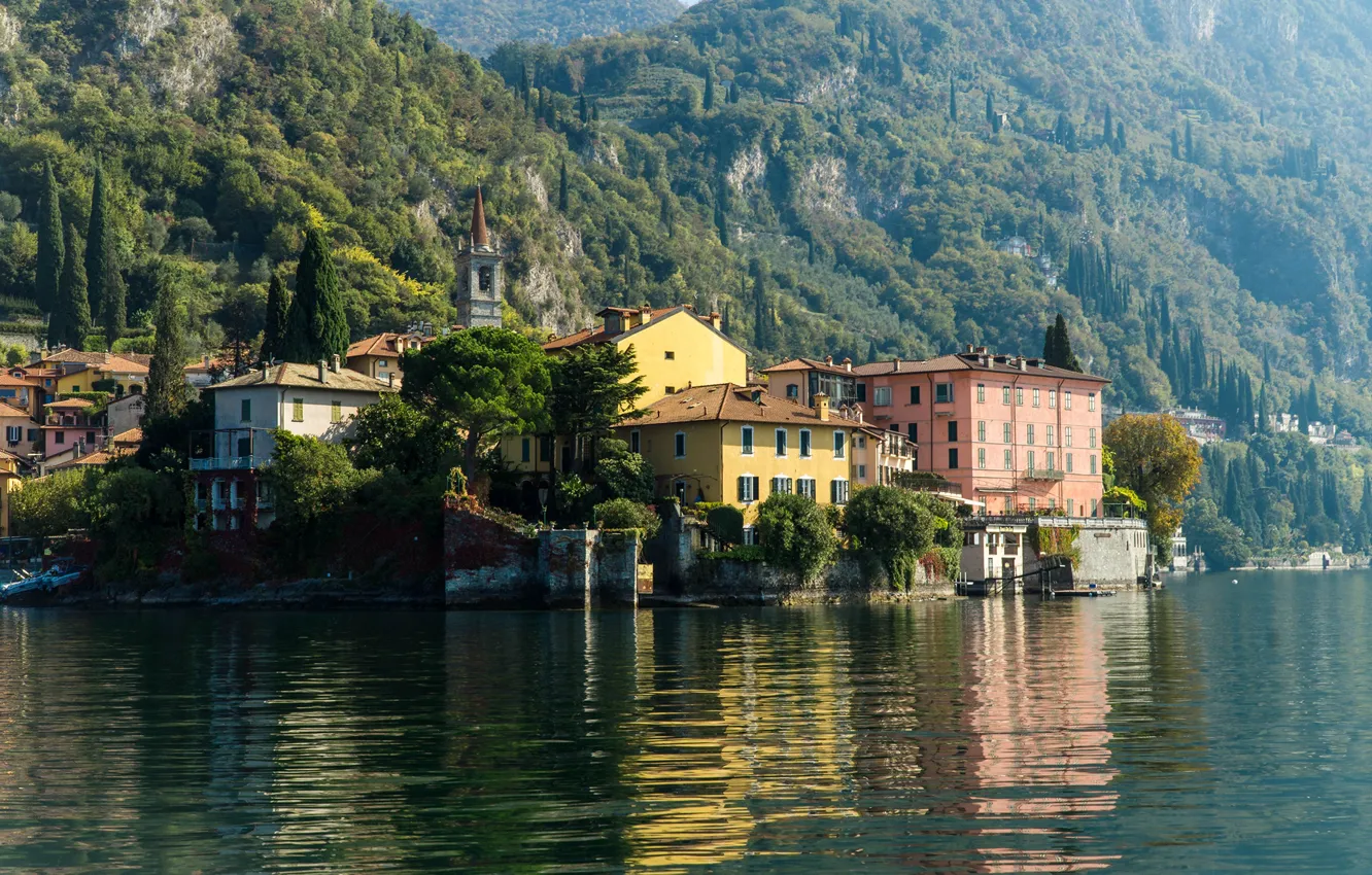 Photo wallpaper greens, forest, the sun, trees, mountains, lake, rocks, shore