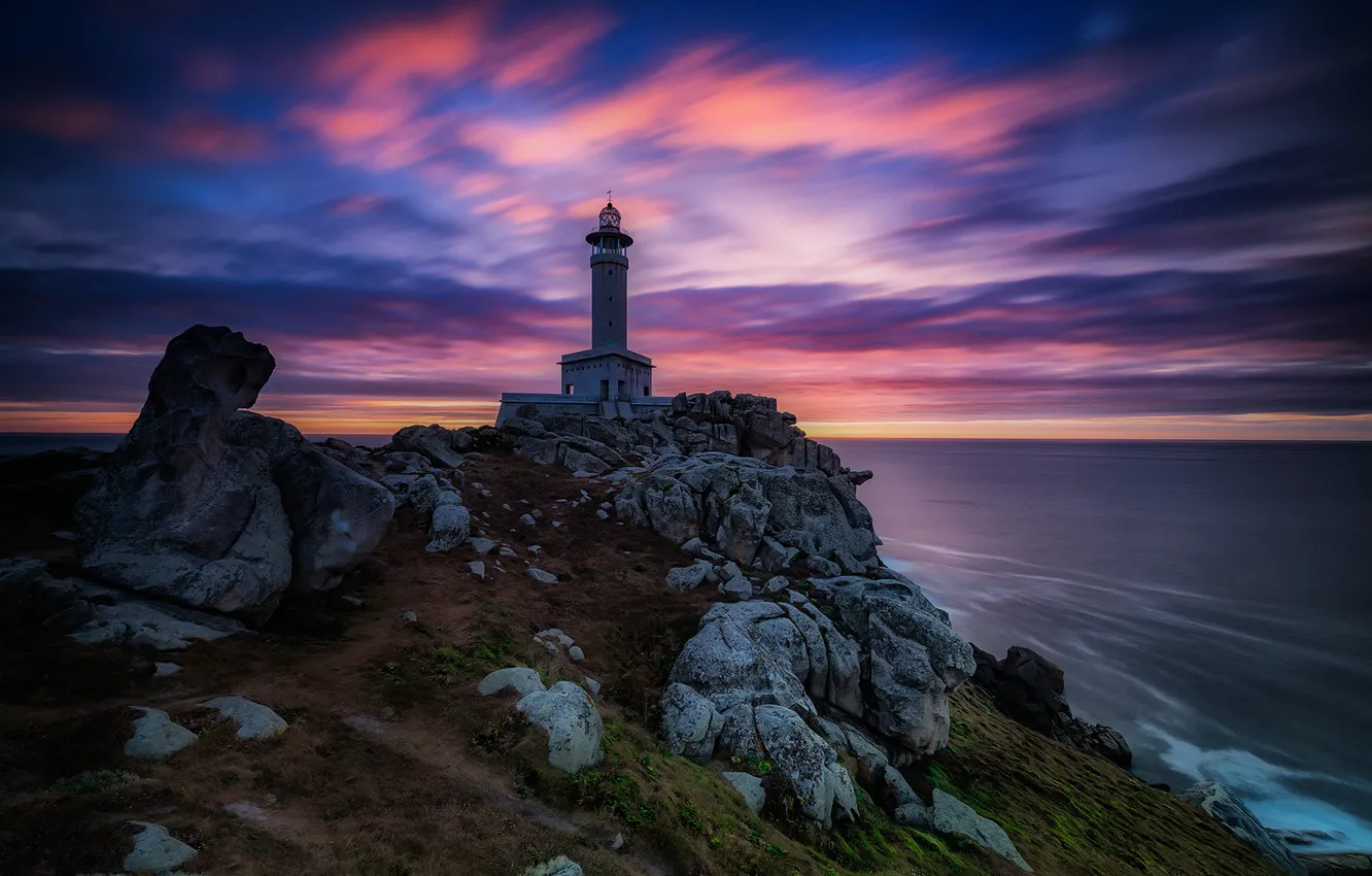 Photo wallpaper sea, purple, clouds, sunset, stones, rocks, hills, shore