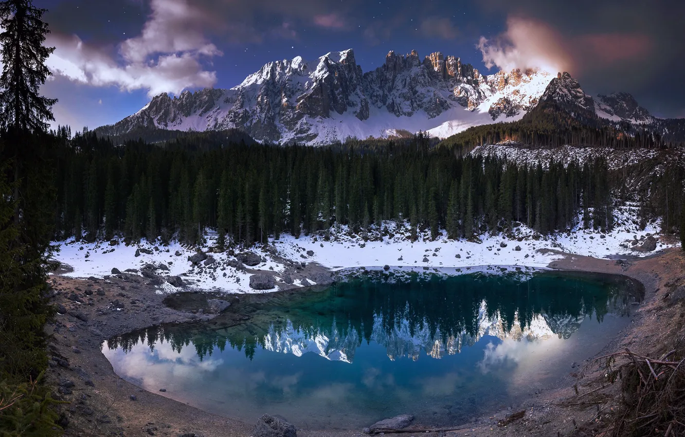 Photo wallpaper forest, snow, mountains, lake, reflection, Italy, Pascal Debrunner