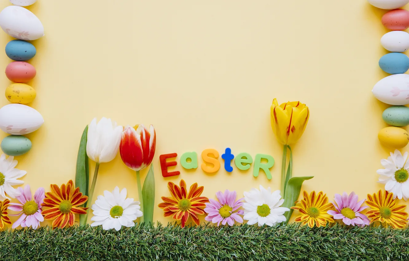 Photo wallpaper Flowers, Spring, Tulips, Easter, Eggs, Weed, Holiday