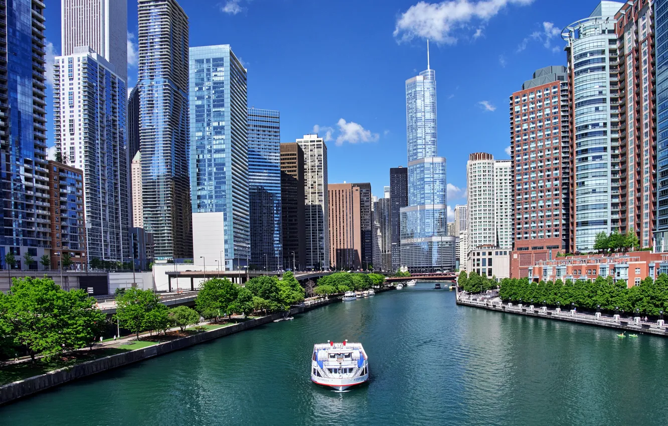 Photo wallpaper river, home, skyscrapers, Chicago, channel, USA, bridges