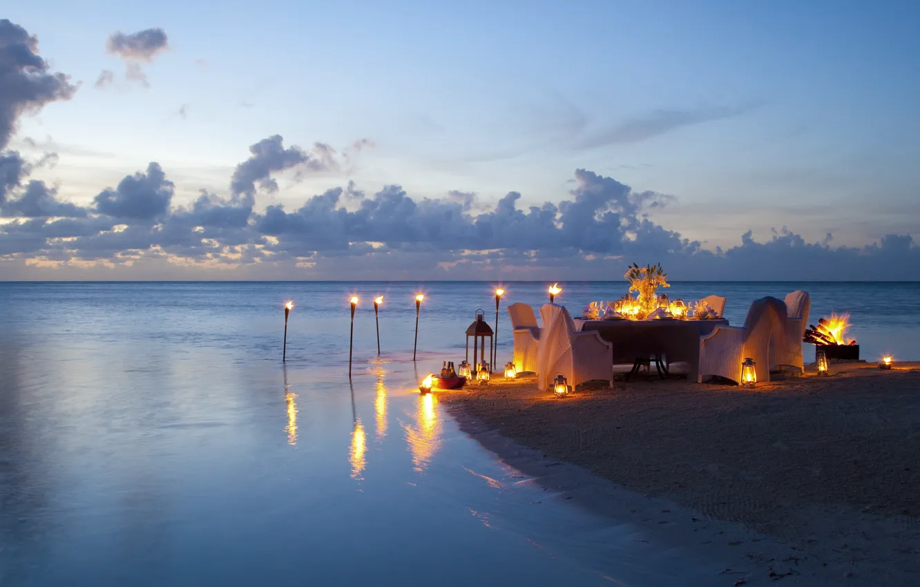 Photo wallpaper beach, the ocean, romance, the evening, candles, beach, ocean, sunset