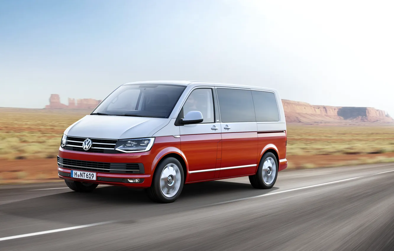 Photo wallpaper Volkswagen, red, white, road, mountains, speed, Multivan