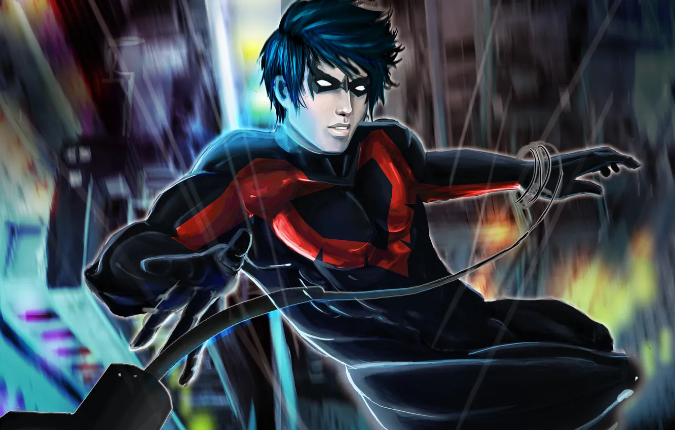 Photo wallpaper flight, the city, lights, mask, art, male, Drop Nightwing