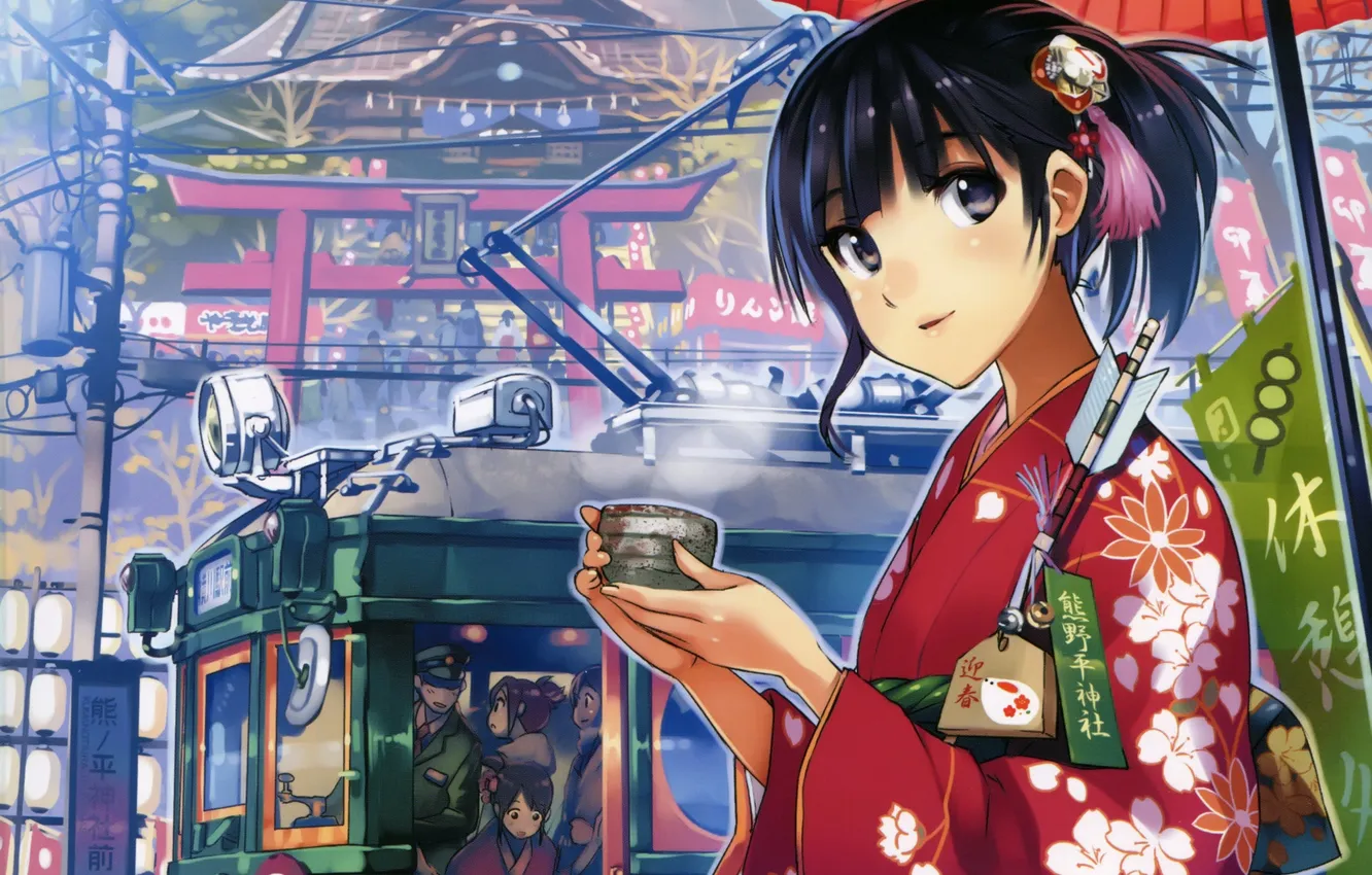 Photo wallpaper girl, the city, sign, tea, home, umbrella, anime, art