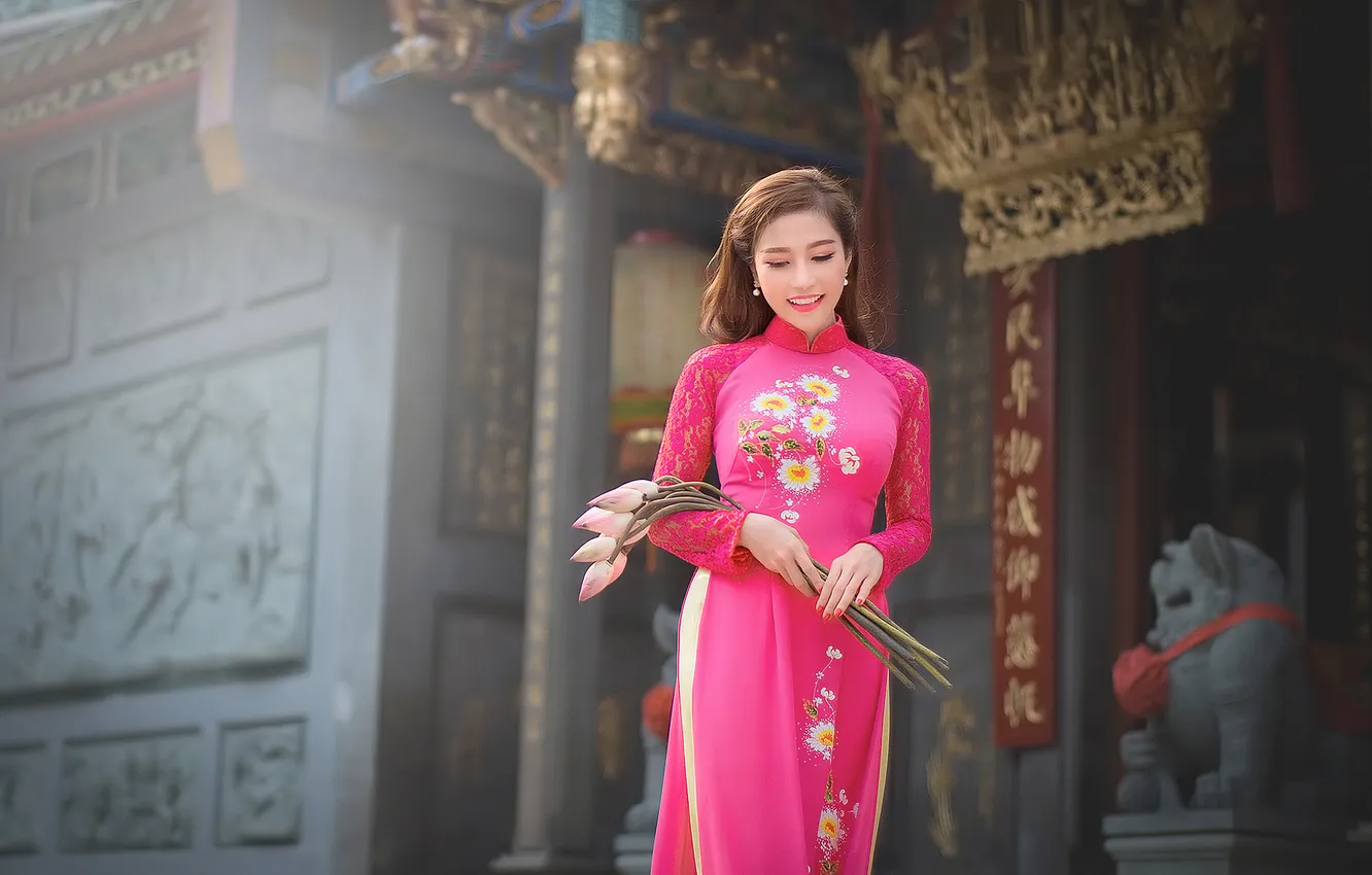 Photo wallpaper girl, flowers, Asian