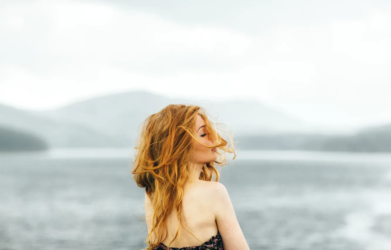 Photo wallpaper girl, the wind, back, red, curls